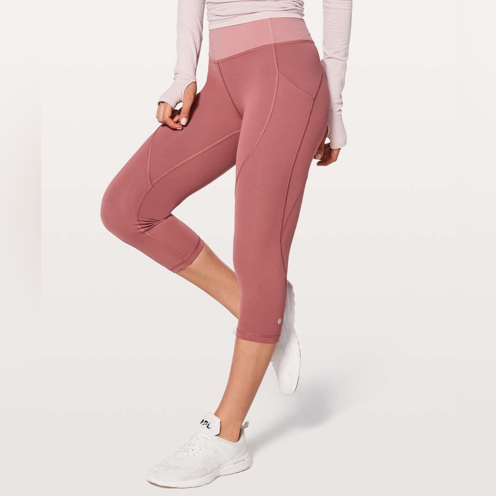 Lululemon Quick Feet Crop 19"•Color Block Pink Mesh•Auburn / Quicksand•EUC•sz 4 - Picture 3 of 14